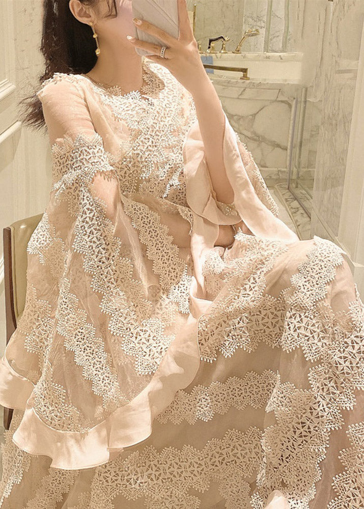 Apricot V Neck Patchwork Lace Maxi Dresses Long Sleeve