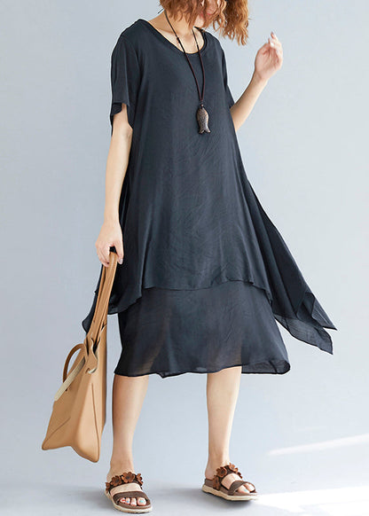 Vivid Brown Necklace Linen-cotton Tunics for Fabrics O Neck Asymmetric Oversized Summer Dress