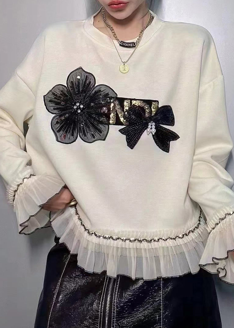 New White Nail Bead Patchwork Cotton Sweatshirts Flare Sleeve Spring