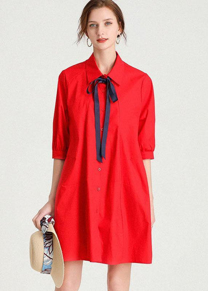 French Red Slim Fit Summer Cotton Half Sleeve Party Dress