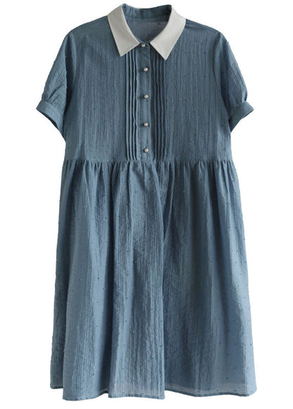 Blue Peter Pan Collar Wrinkled Button Cotton Holiday Dress Short Sleeve