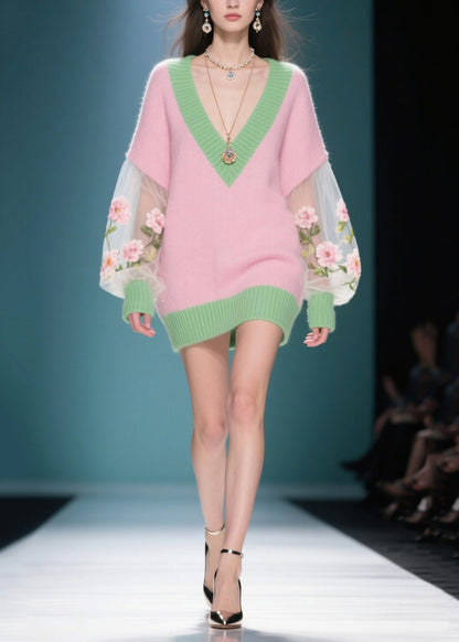 Pink V Neck Patchwork Tulle Sweater Dress Winter
