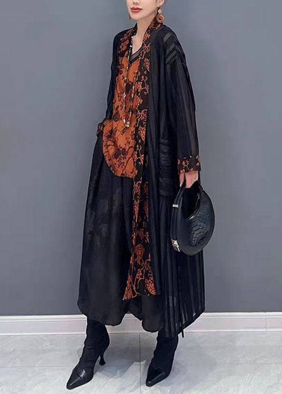 Black Tulle Maxi Cardigans and Print Top Two Pieces Set Fall