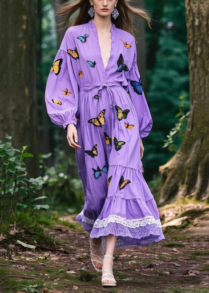 Lavender Tie Waist Butterfly Cotton Vacation Dress Spring