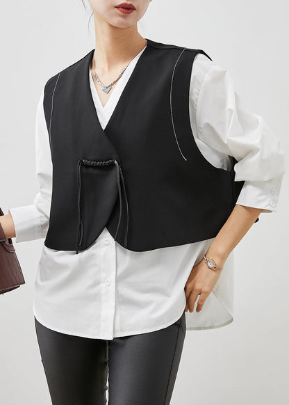 Italian Black Tasseled Spandex Vest and Shirt Two Pieces Set Spring