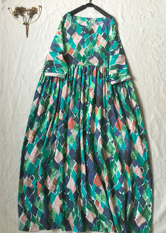 Green O Neck Print Wrinkled Cotton Dresses Summer