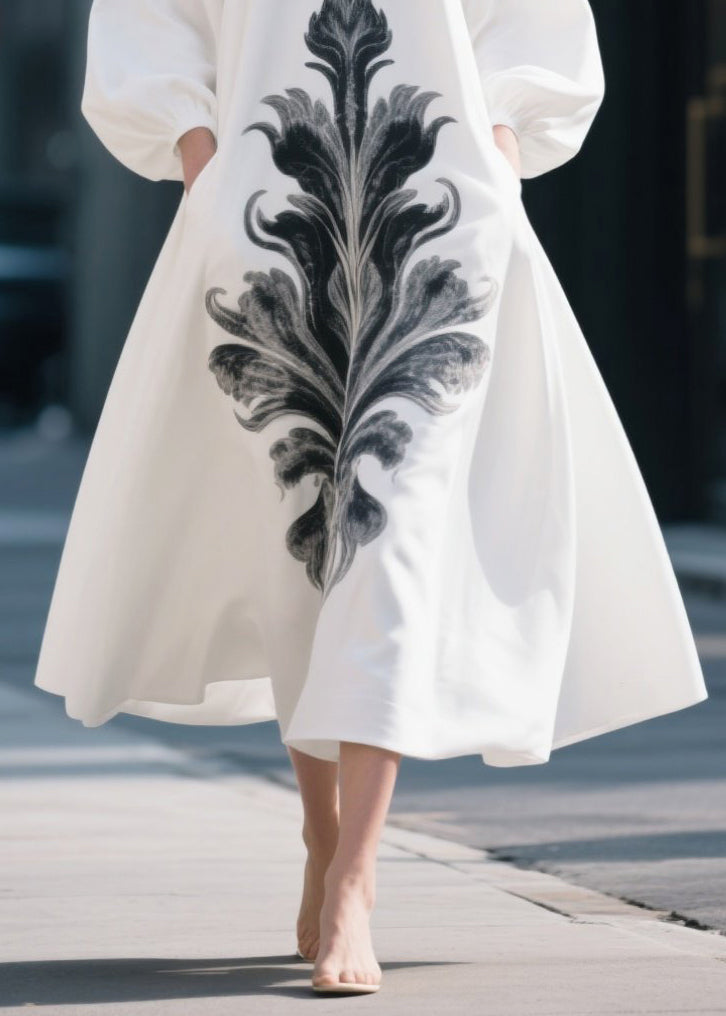 White Oversized Print Chiffon Dress Lantern Sleeve