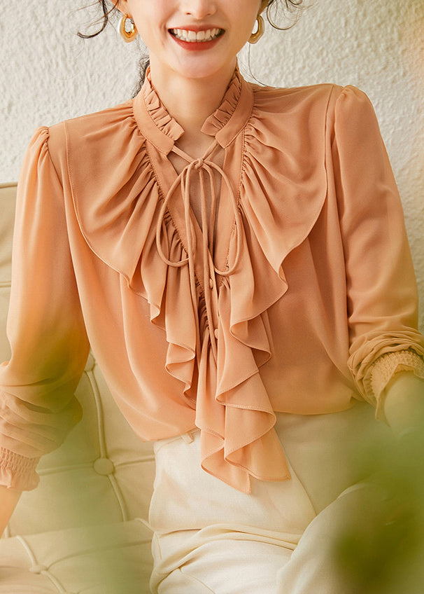 Orange Stand Collar Tops Lantern Sleeve