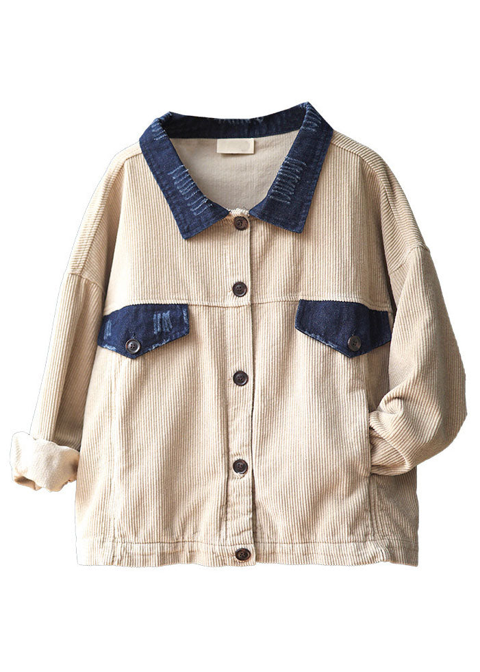 Apricot Peter Pan Collar Button Pockets Patchwork Corduroy Coats Long Sleeve