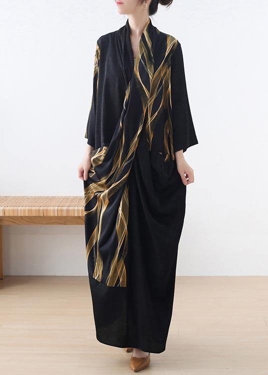 Fitted Black Print Chiffon Asymmetrical Design Summer Holiday Dress