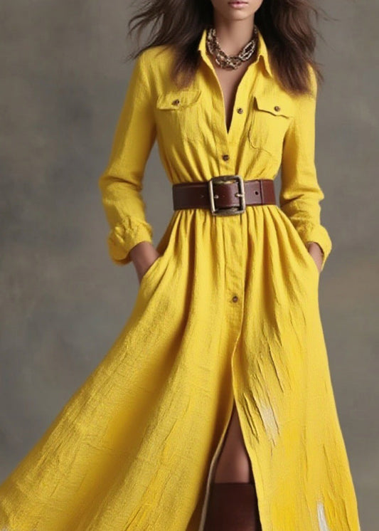 Yellow Peter Pan Collar Pockets Button Cotton Dress Spring