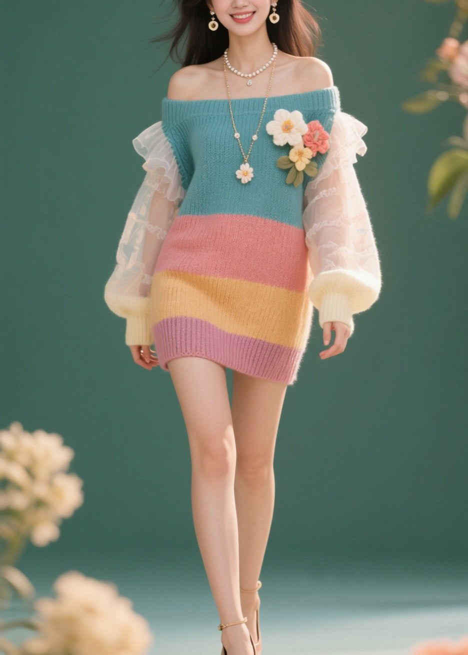 French Colorblock Cold Shoulder Tulle Knit Dress Fall