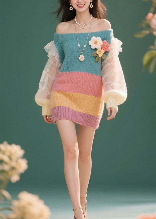 French Colorblock Cold Shoulder Tulle Knit Dress Fall