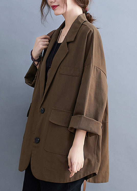 Coffee Notched Button Pockets Cotton Coats Fall