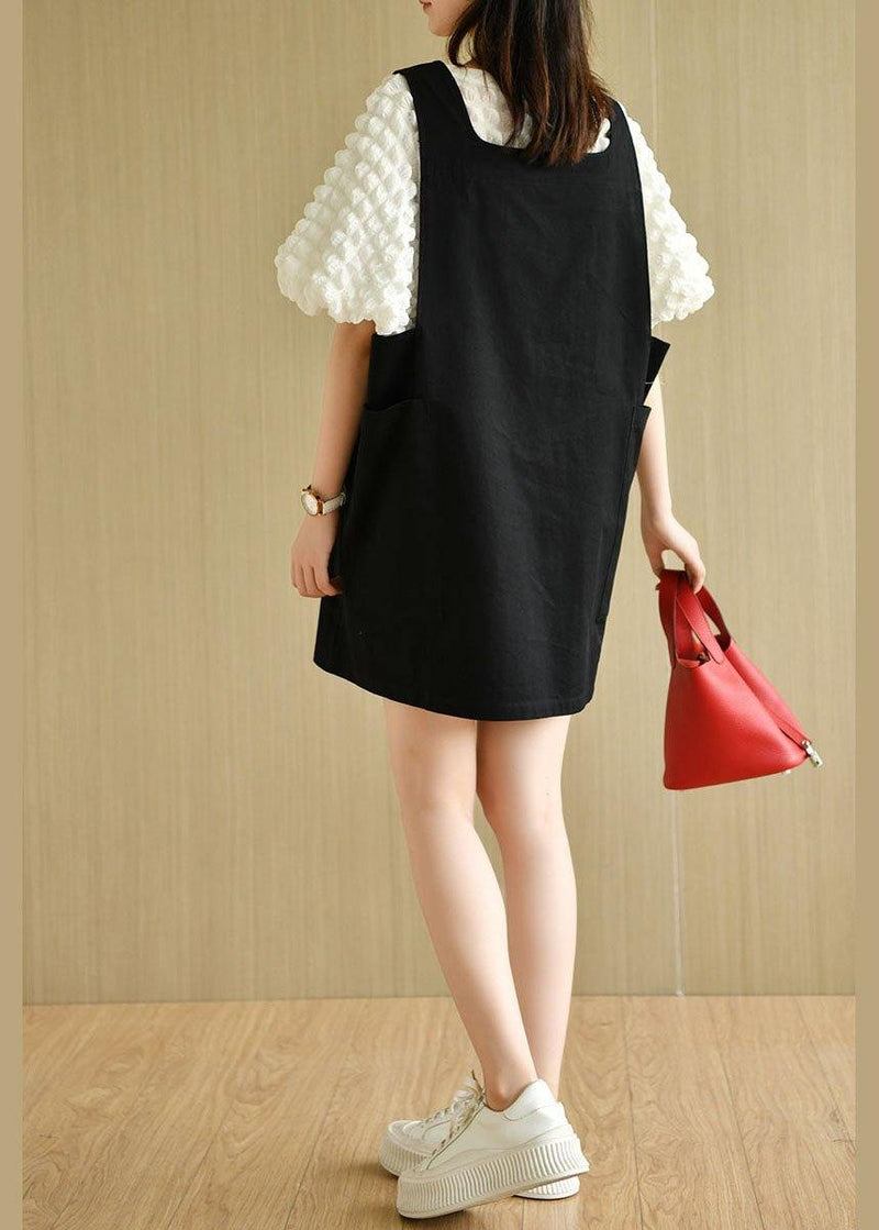Modern Black Square Collar Pockets Summer Cotton Dresses Sleeveless
