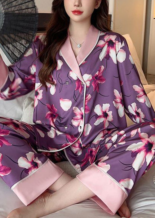 Purple Print Patchwork Ice Silk Pajamas Two Piece Set Spring