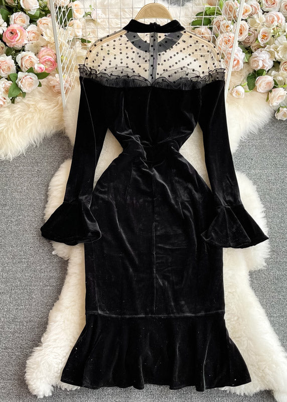 Black O-neck Tulle Patchwork Tunic Button Velour Maxi Dresses Long Sleeve