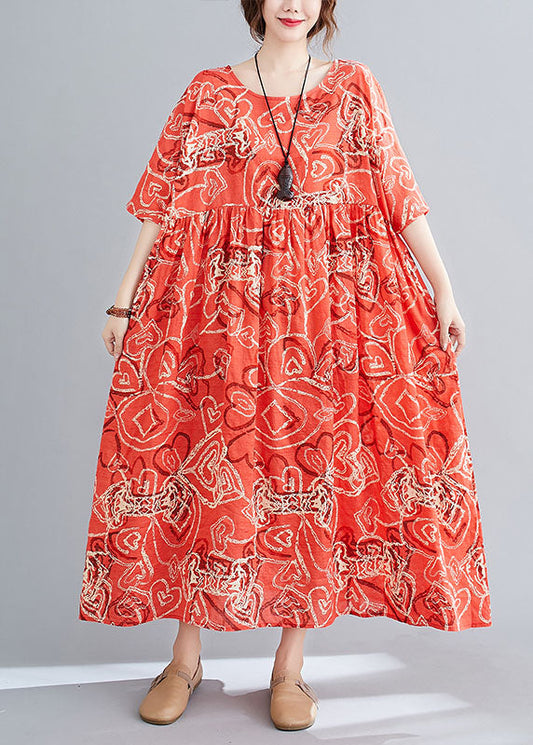 Modern Red O-neck Print Wrinkled Cotton Beach Dress Short Sleeve