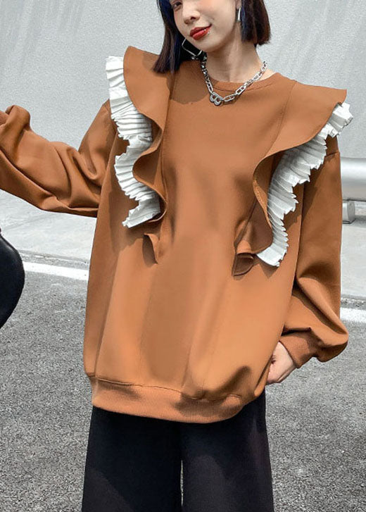 Khaki O-neck Retro Ruffled Patchwork Fall Sweatshirt Street Wear