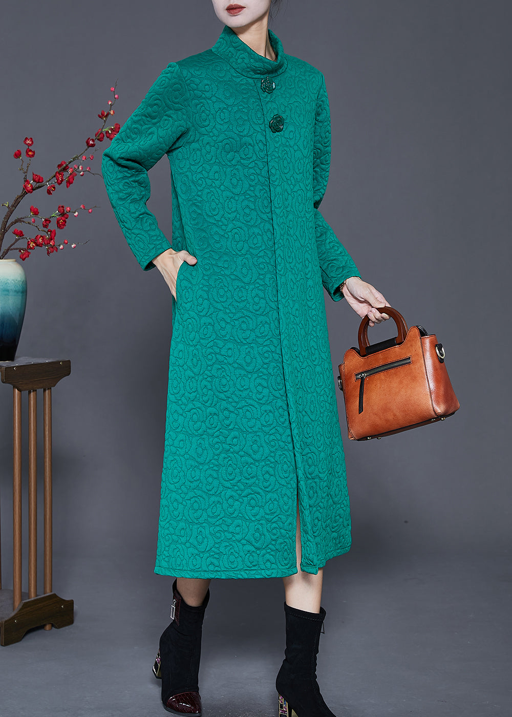 Green High Neck Jacquard Cotton Long Dress Spring