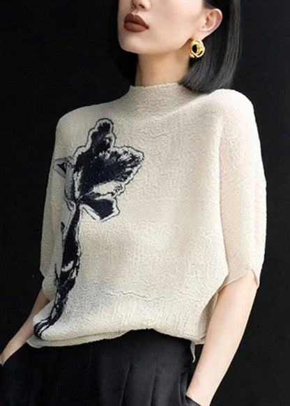 Beige Print Wrinkled Cotton T Shirts Batwing Sleeve