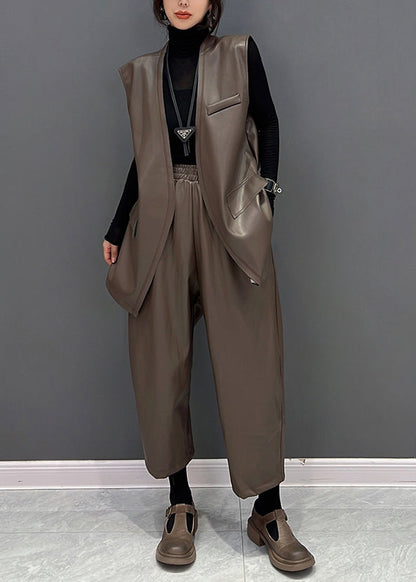 Brown V Neck Faux Leather Waistcoat and Straight Pants Two Pieces Set Fall