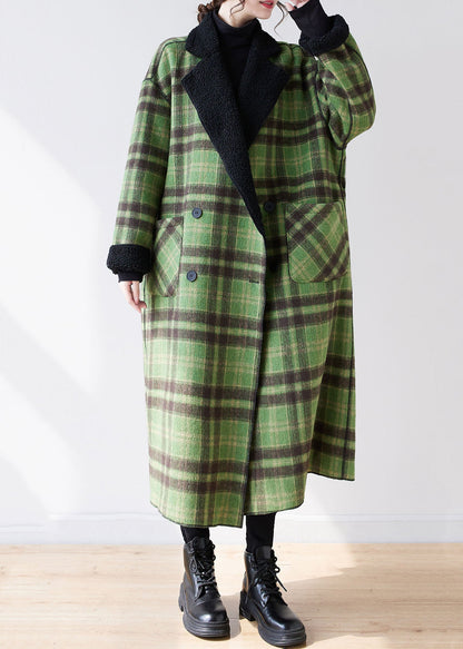 French Green Plaid Notched Wear on Both Sides Warm Fleece Faux Fur Trench Coats Long Sleeve
