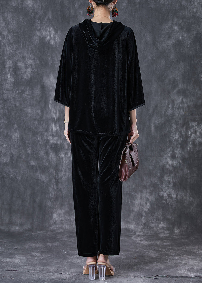 Black Tasseled Chinese Button Silk Velour Two Pieces Set Fall