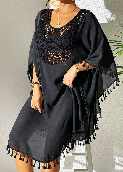 Black O-neck Hollow Out Patchwork Tassel Swimwear Smock