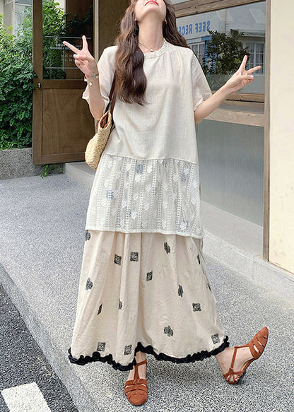 Loose Apricot O Neck Lace T Shirt and Skirts Linen Two Pieces Set Summer