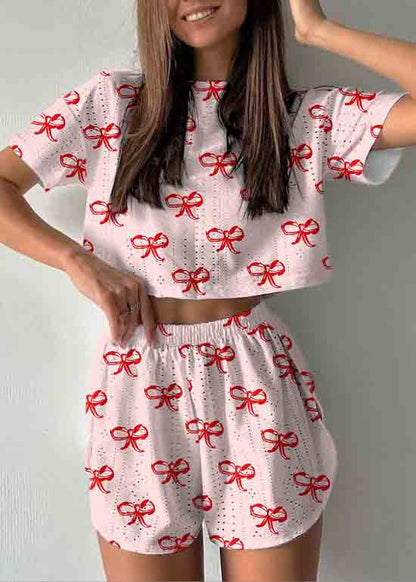 Art Hollow Out Print Cotton Pajamas Two Piece Set Summer