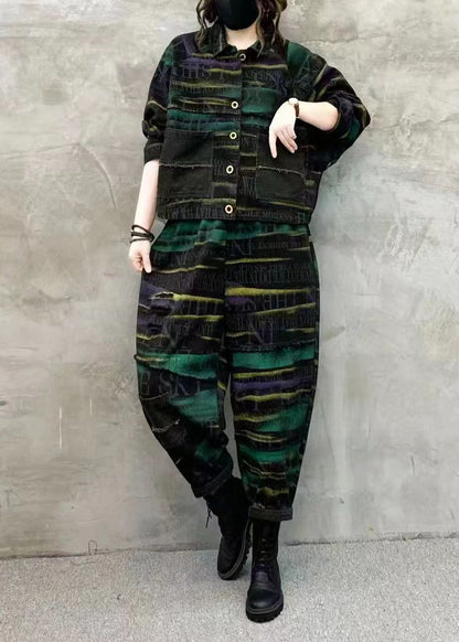 Green Print Tops and Pants Denim Two Piece Set Fall