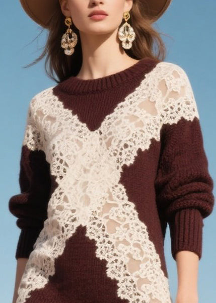 Mulberry Hollow Out Patchwork Lace Sweater Dress Winter