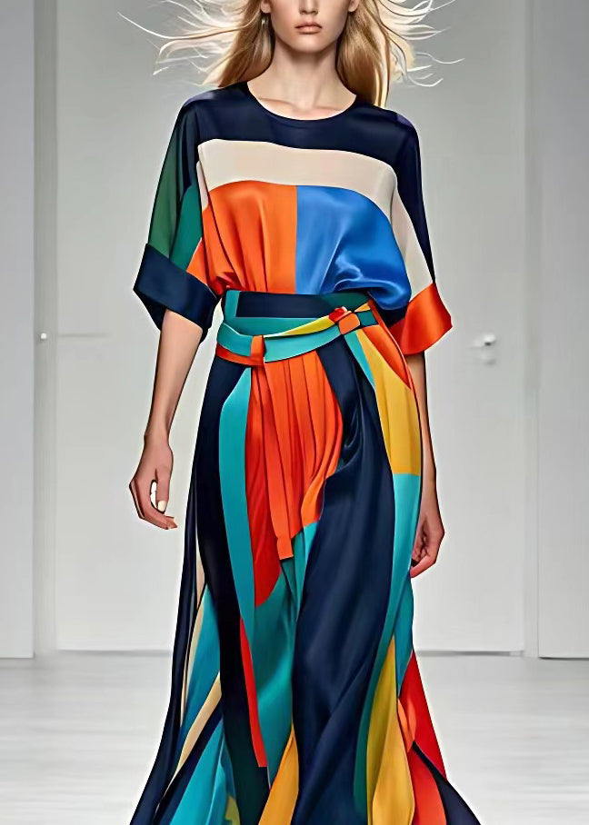 French Print Tops and High Waist Skirts Silk Dress Half Sleeve