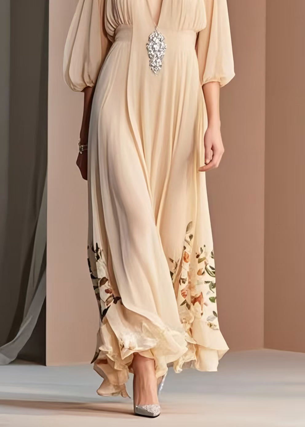Italian Apricot Print Draping Chiffon Dresses Bracelet Sleeve Summer