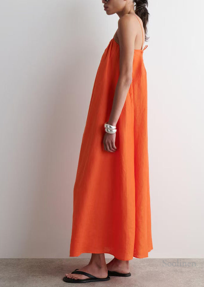 Orange Oversized Linen Spaghetti Strap Dress Summer