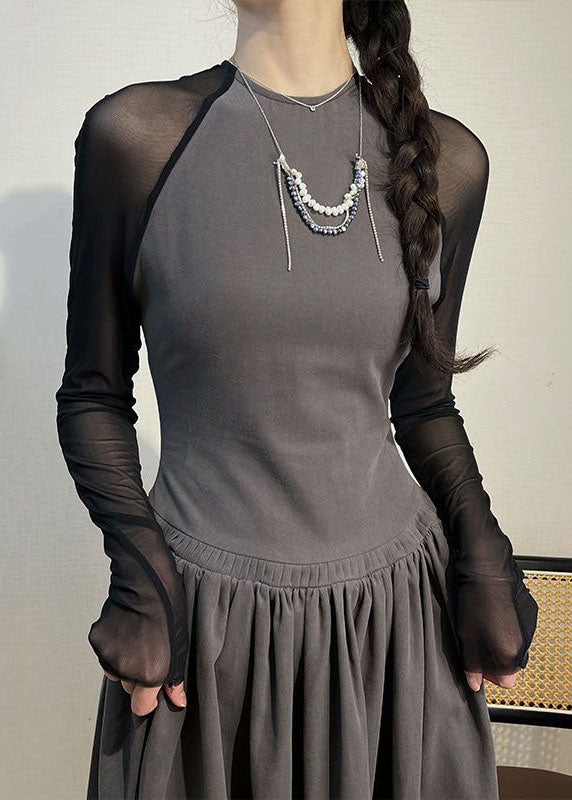 Grey O-neck Wrinkled Tulle Patchwork Long Dress Long Sleeve