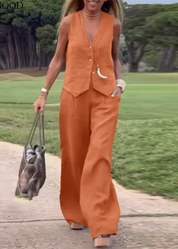 Loose Green V Neck Button Waistcoat and Pants Linen Two Piece Set Sleeveless