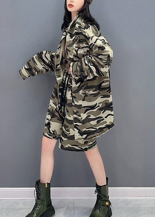 Camouflage Peter Pan Collar Zippered Print Coats and Shorts Two Pieces Set Spring