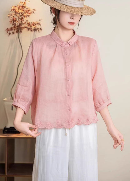 New Navy Peter Pan Collar Embroidered Linen Shirt Tops Summer