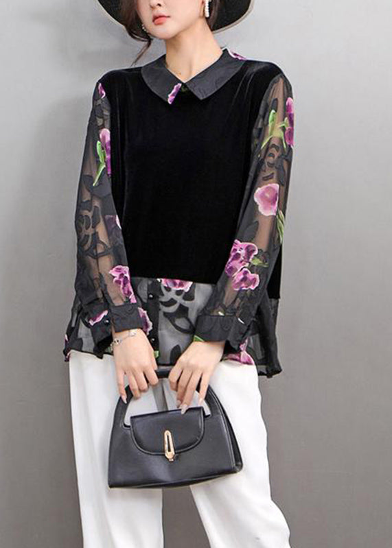 Black Peter Pan Collar Print Fake Two Pieces Silk Velour Shirt Spring