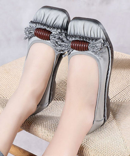 Grey Cowhide Leather Flat Shoes Splicing Flat Shoes