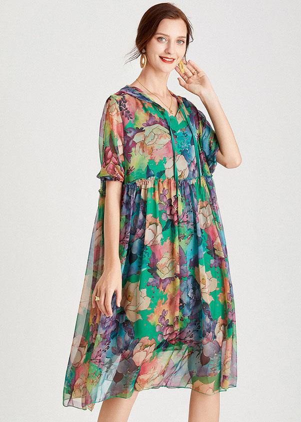 Comfy Green Loose Hooded Summer Chiffon Holiday Dress Half Sleeve