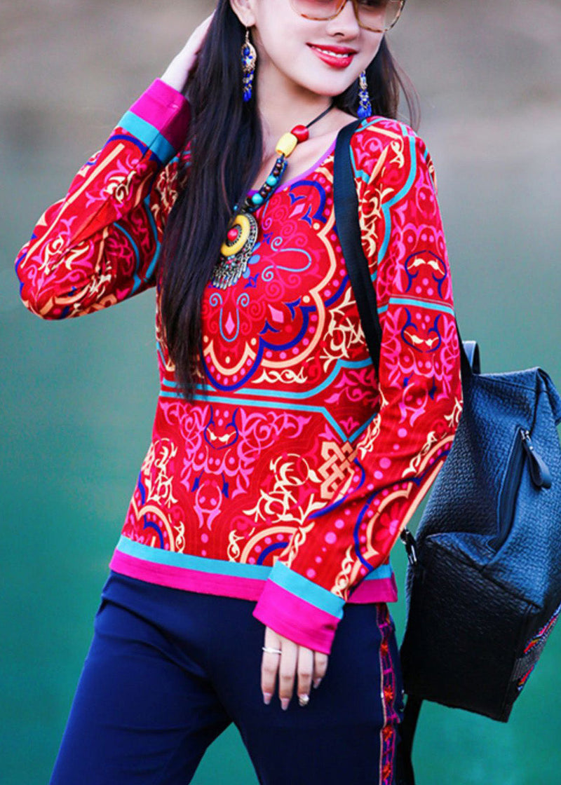 Vogue Red O-neck Print Top Long Sleeve