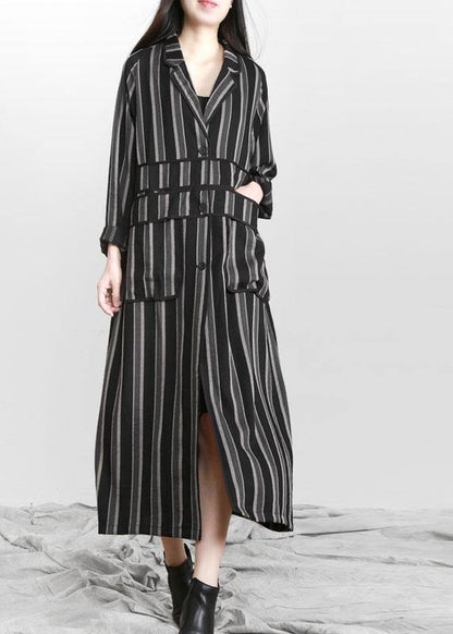Organic Black Striped Button Peter Pan Collar Fall Long Coat