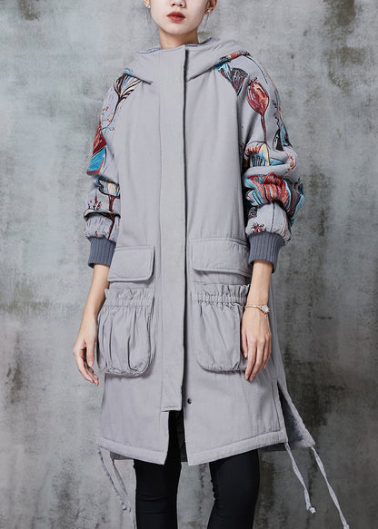 Grey Hooded Print Pockets Fine Cotton Filled Coats Winter