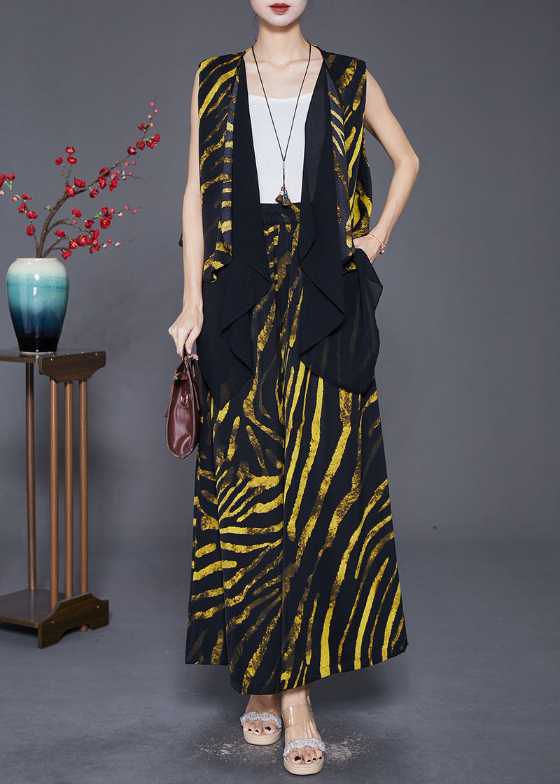Yellow Striped Cotton Vest and Pants Two-piece Set Asymmetrical Design Fall