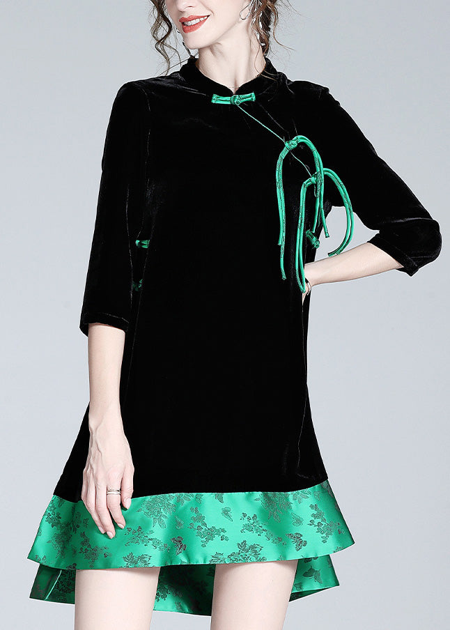 Black Stand Collar Print Low High Design Silk Velour Maxi Dresses Long Sleeve