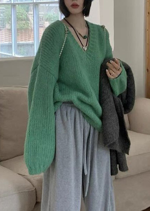 Green V Neck Cotton Knit Sweaters Long Sleeve