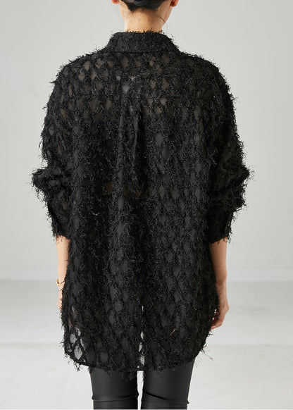 Black Oversized Cotton Shirt Tasseled Spring